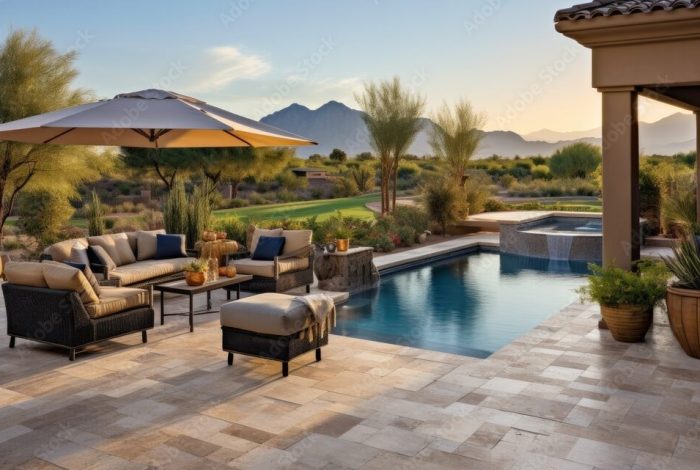 A backyard in Arizona with a pool deck made of travertine tiles, complementing the desert scenery.